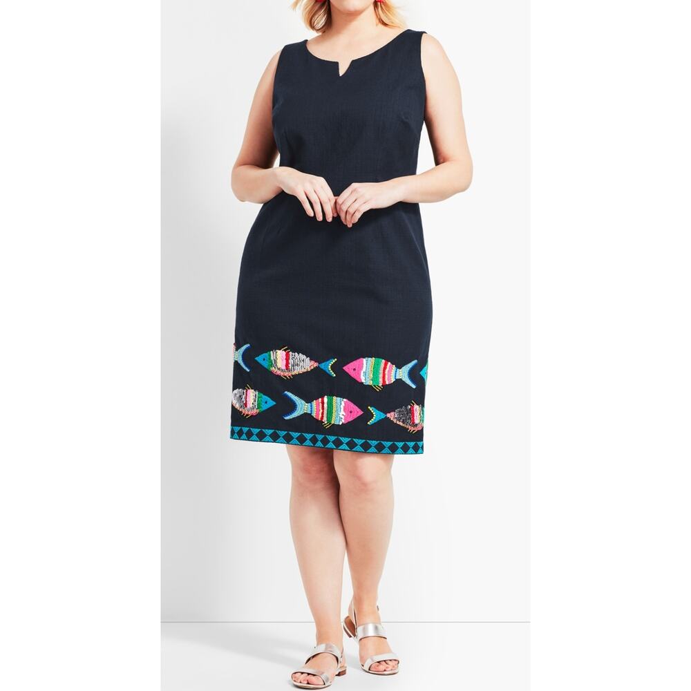 Talbots navy blue embroidered sequin fish sheath dress size 10 Novelty Teacher